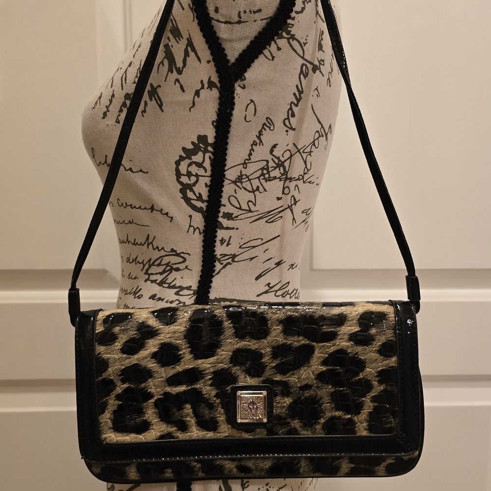 Ann Klein Black & Tan Leopard Print Patent Leather Small Dressy Hand Bag